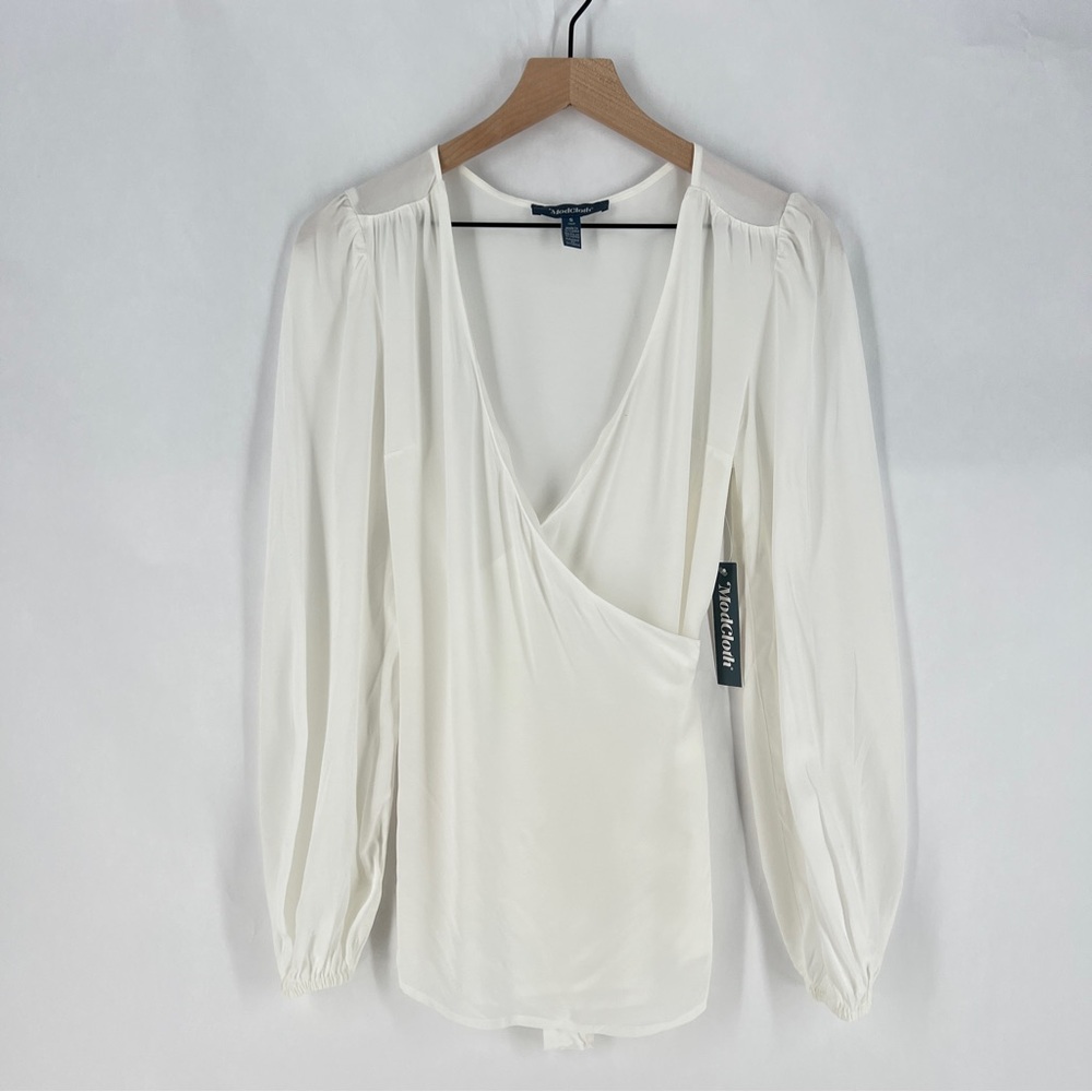 Modcloth Ivory Draped Blouse Long Sleeve Wrap Blouse NWT Size S - Picture 2 of 15